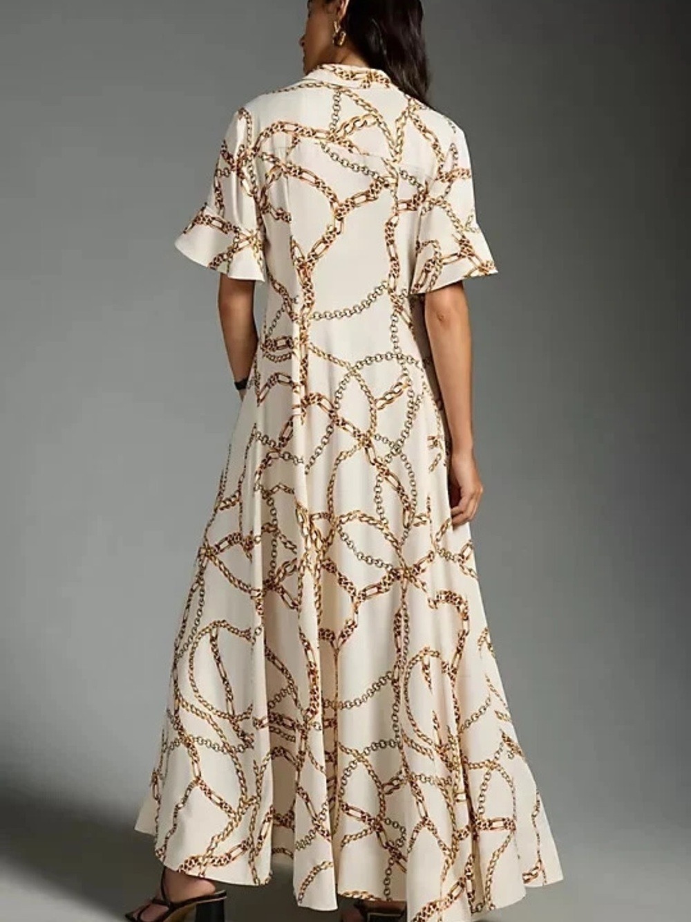 Maeve Anthropologie White Gold Chain Print Maxi Shirt Dress 2X Old Money Boho - Picture 10 of 17